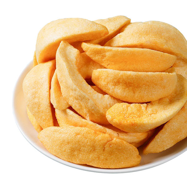 Vacuum fried yellow peach slices overview, golden crispy slices from VF process