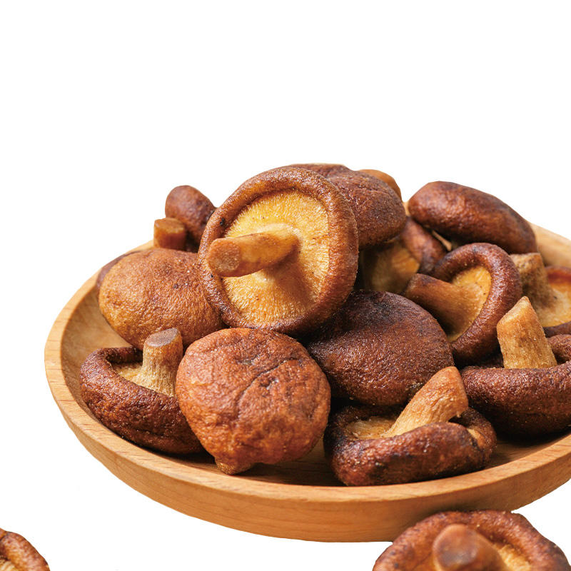 Vacuum fried shiitake mushroom overview, earthy brown crispy caps from VF process
