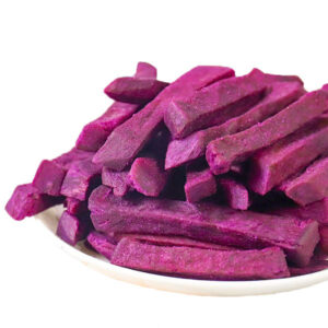 Vacuum fried purple sweet potato sticks overview, vivid deep purple French fry shape