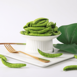 GUOJU vacuum fried sugar snap pea close up, vivid green pod with visible peas inside