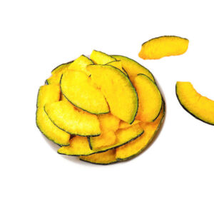 Vacuum fried pumpkin slices overview, deep orange half moon slices from VF process