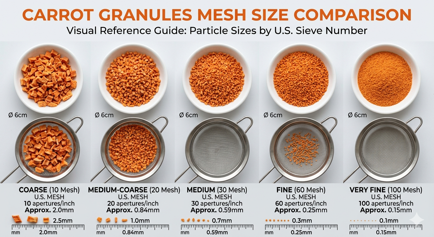 Side-by-side comparison of 8–16, 16–26, 26–40, and 40–80 mesh dehydrated carrot granules