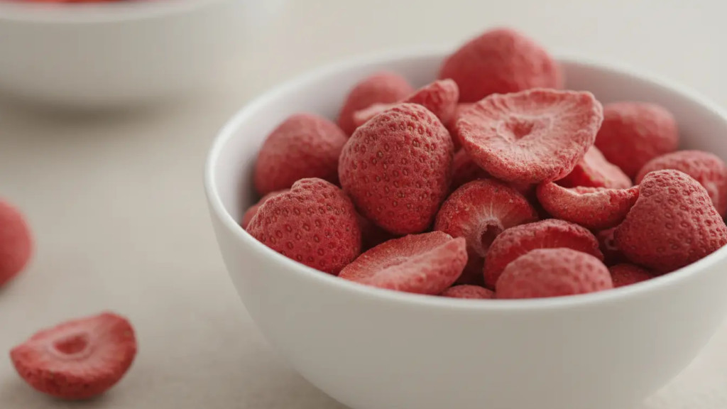 Freeze-dried strawberries in whole sliced diced and powder forms