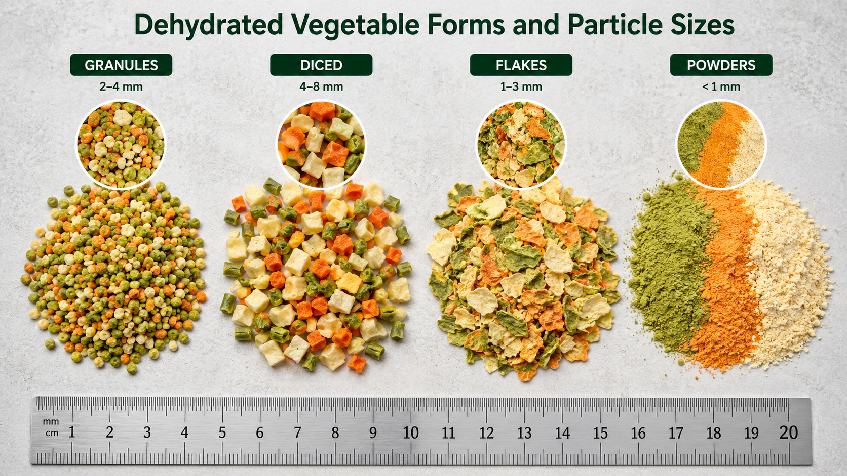 Granules flakes powders and diced dehydrated vegetables for pet food production