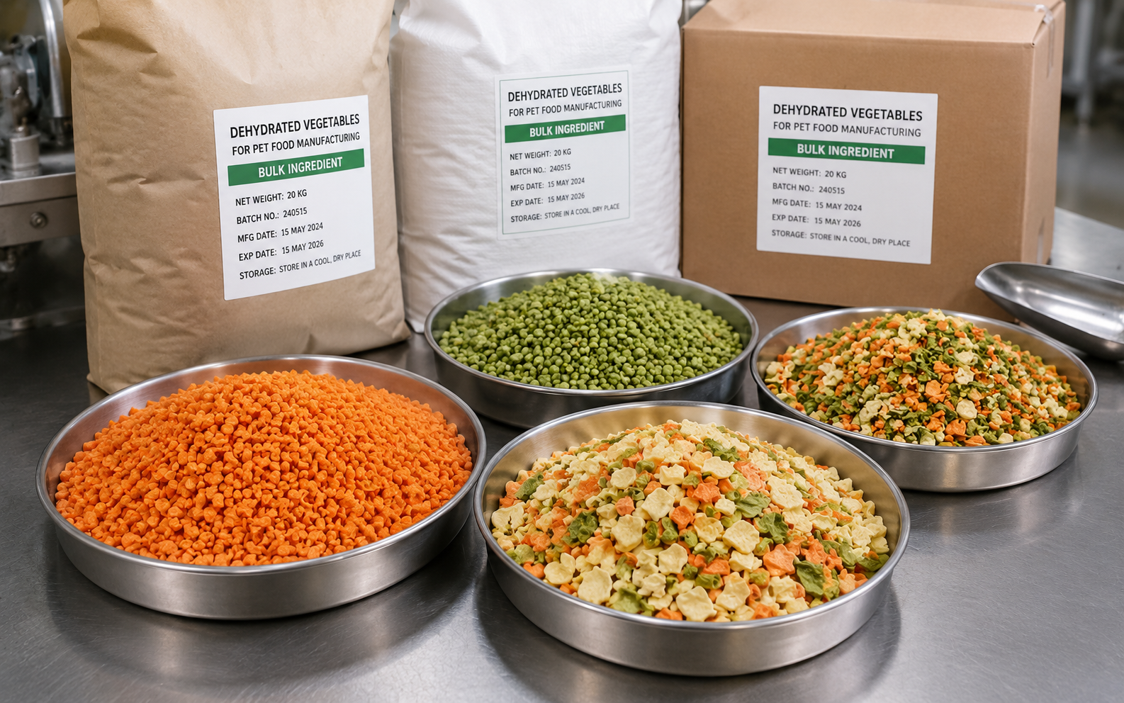 Dehydrated vegetables for pet food manufacturing in bulk ingredient forms