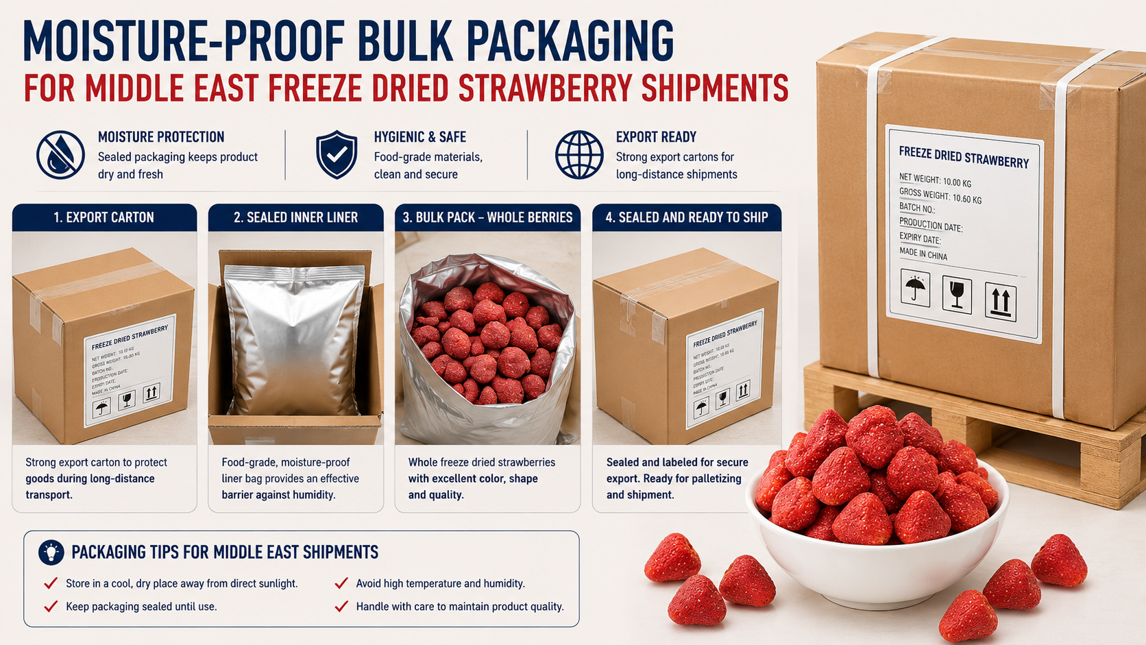 Moisture proof bulk packaging for freeze dried strawberry powder beverage manufacturers