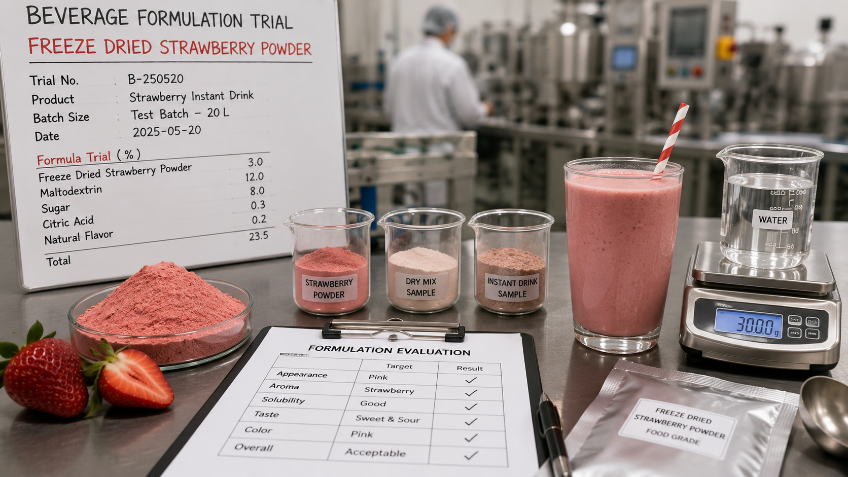 Beverage formulation trial using freeze dried strawberry powder in a factory test batch