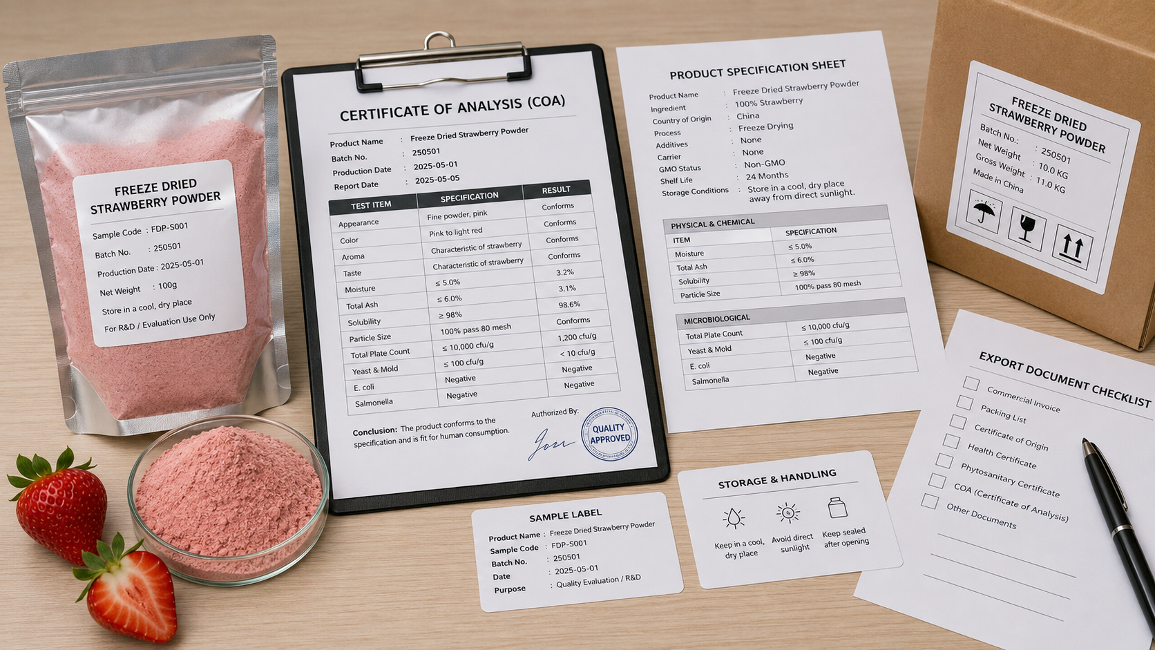 COA specification sheet and sample labels for freeze dried strawberry powder buyers
