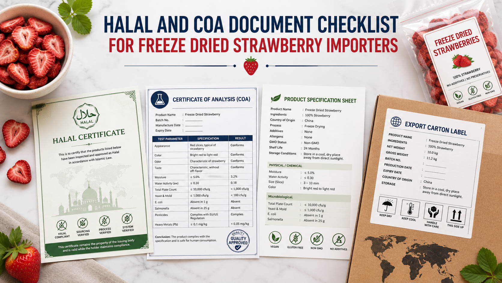 Halal certificate and COA document checklist for freeze dried strawberry importers