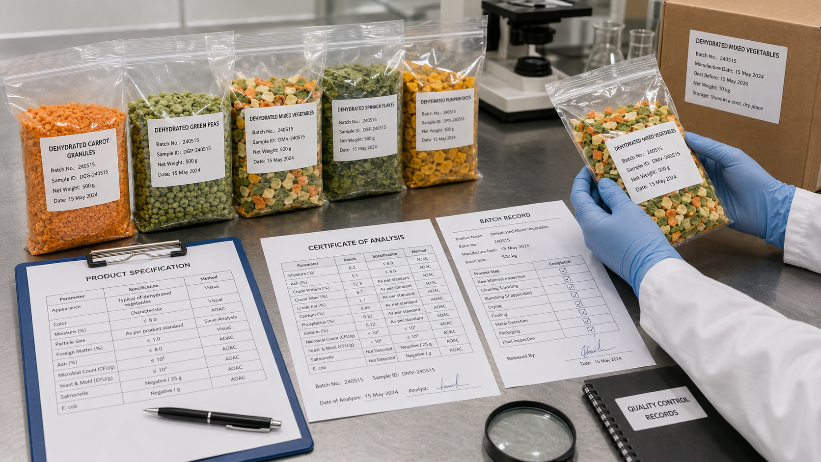Quality documents and batch samples for dehydrated pet food vegetable ingredients