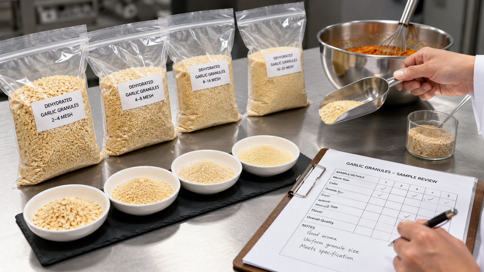 Dehydrated garlic granules sample review for seasoning factories and spice processors