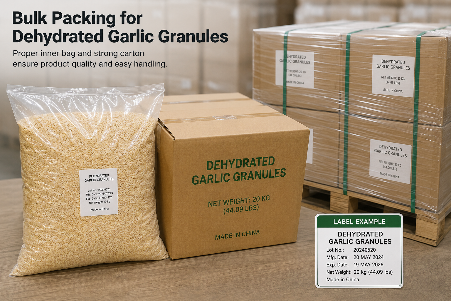 Bulk packing for dehydrated garlic granules used in seasoning manufacturing