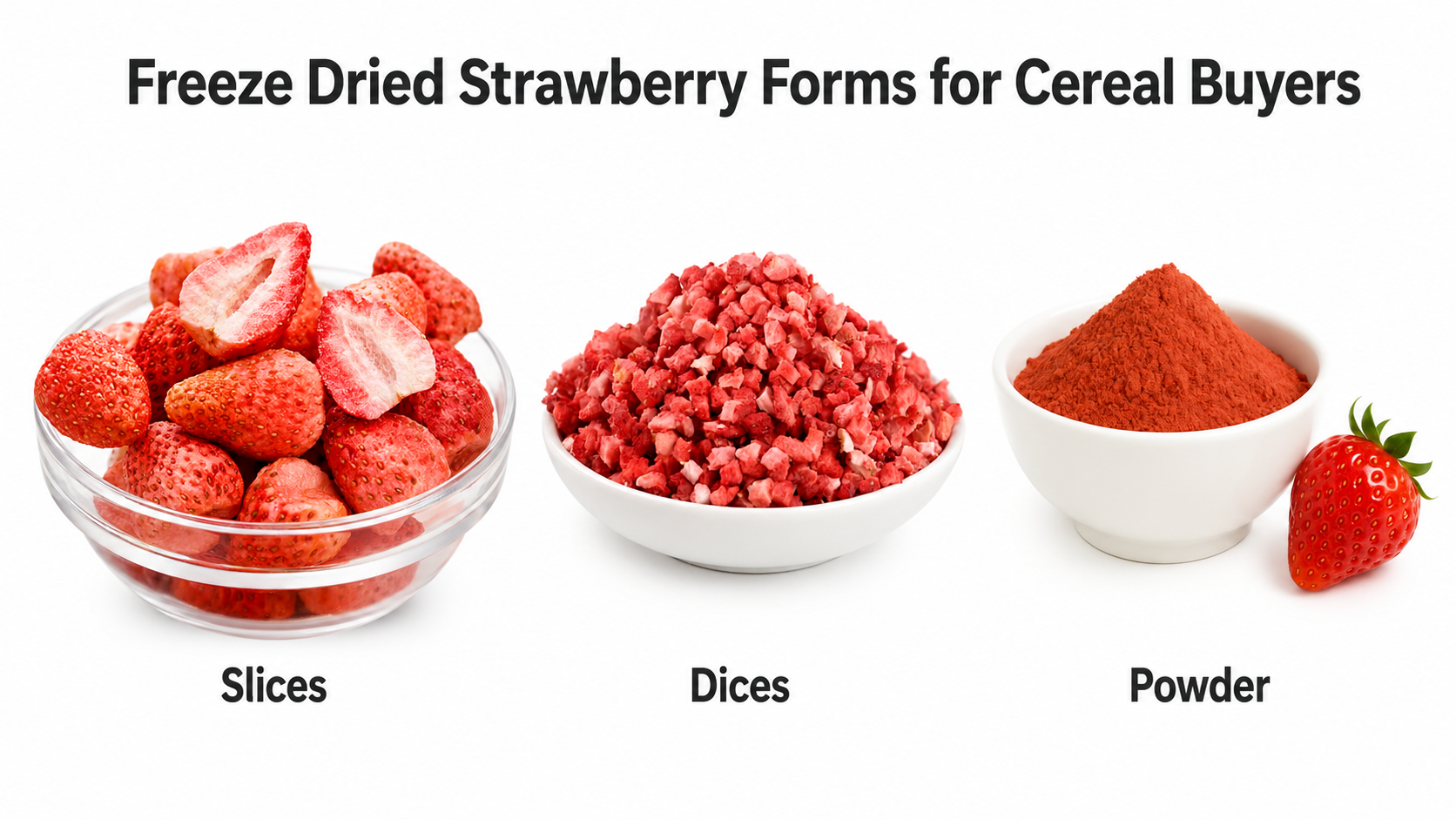 Freeze dried strawberry slices dices and powder forms for cereal manufacturers