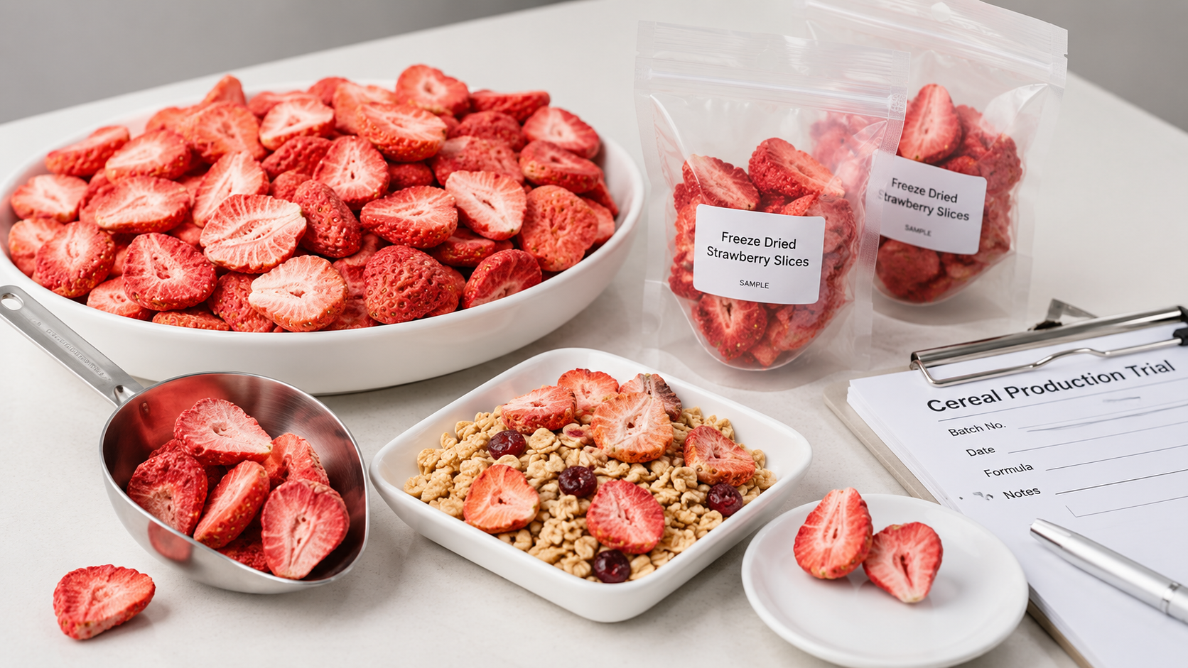 Bulk freeze dried strawberry slices for cereal production trials and sample testing