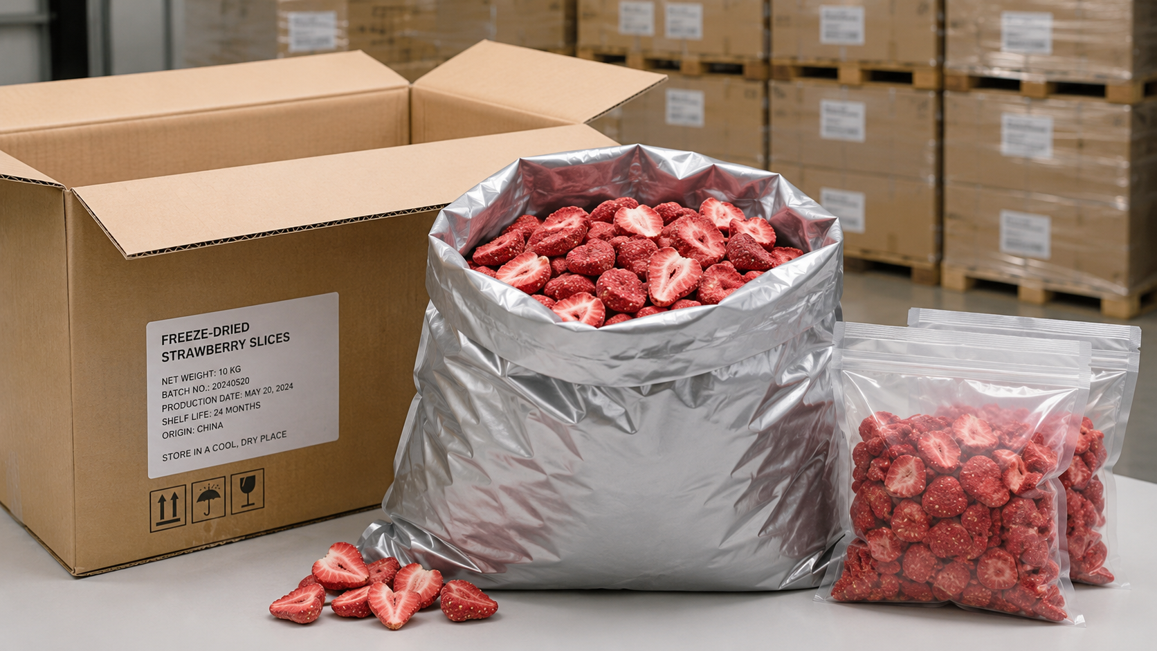Moisture proof bulk packaging for freeze dried strawberry slices used in cereal manufacturing