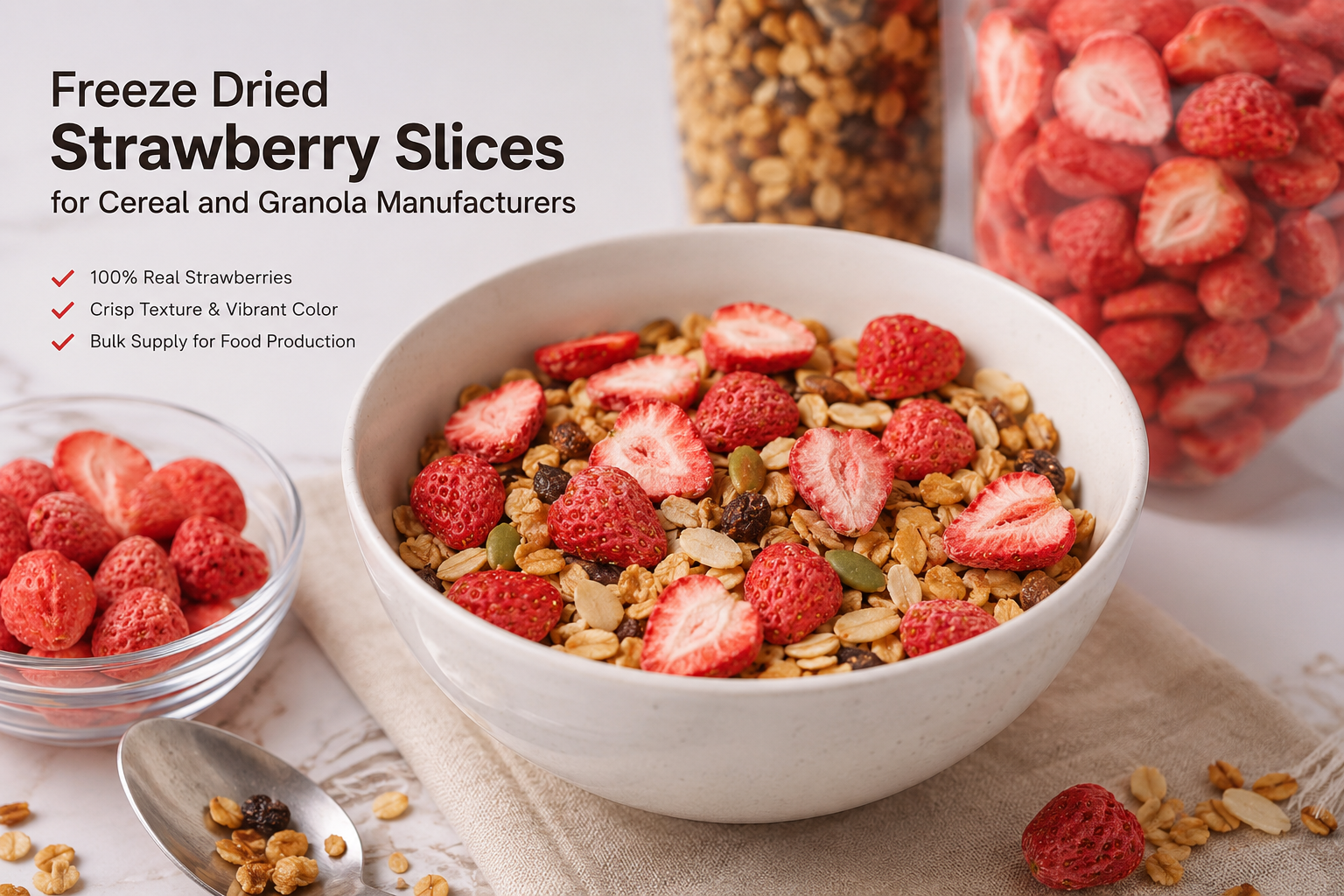 Freeze dried strawberry slices for cereal and granola manufacturers