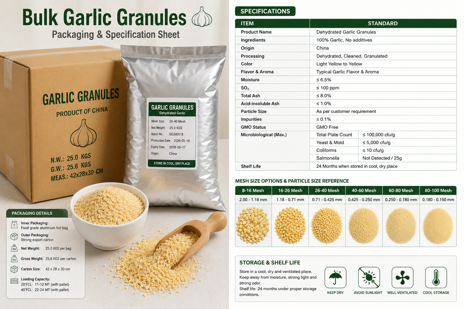 bulk dehydrated garlic granules specification details for export buyers