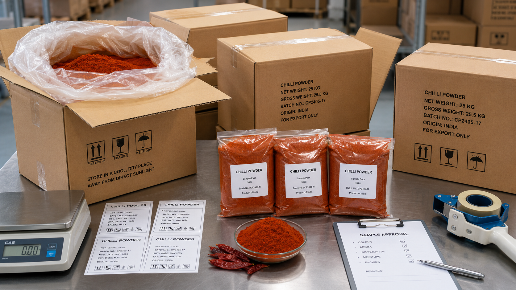 Bulk packing for chilli powder export orders with cartons inner bags and sample labels