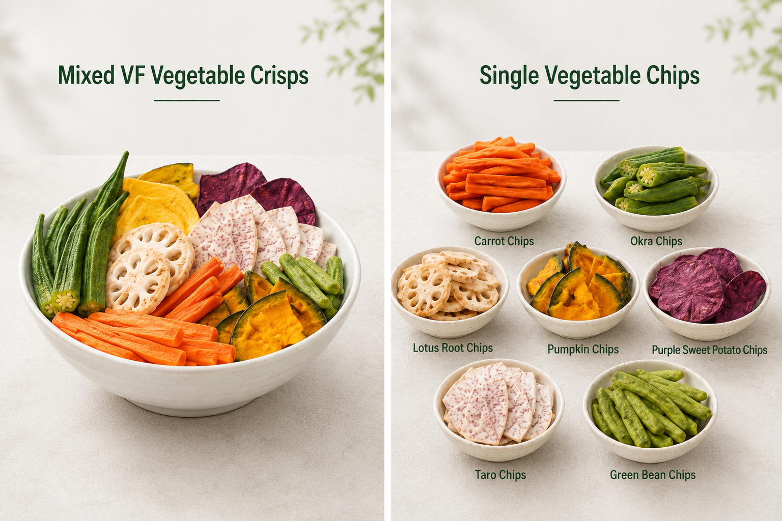 mixed vacuum fried vegetable crisps and single vegetable chips comparison for snack buyers