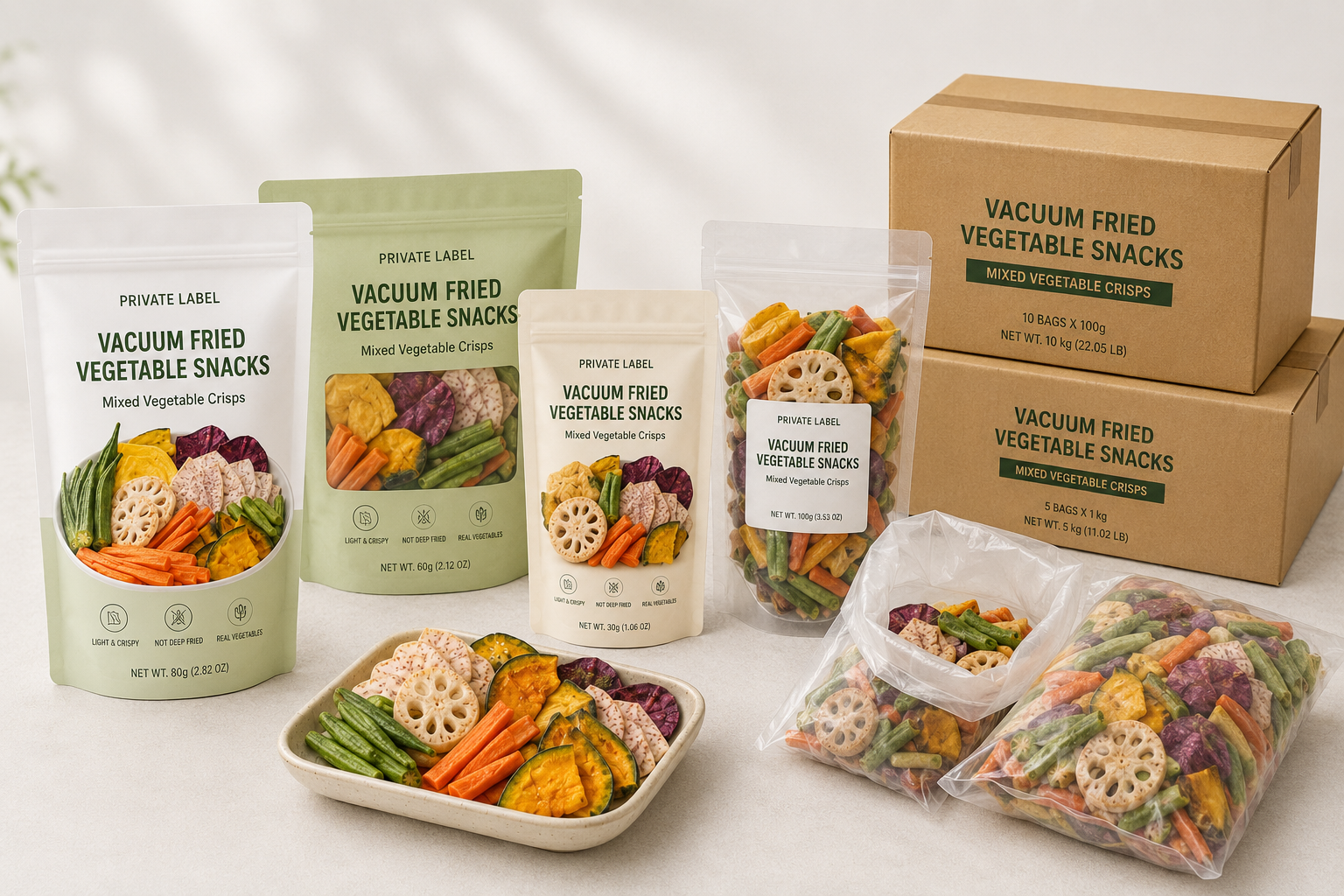 private label vacuum fried vegetable snacks retail packs and bulk carton options