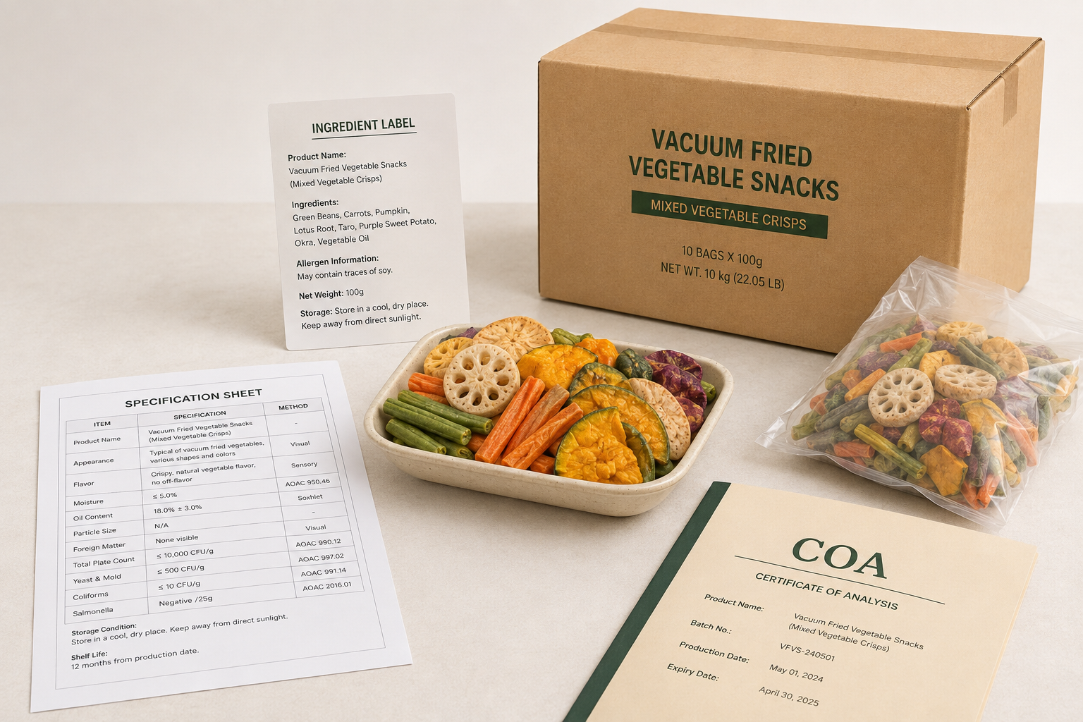 vacuum fried vegetable snacks quality documents ingredient label and export packing review