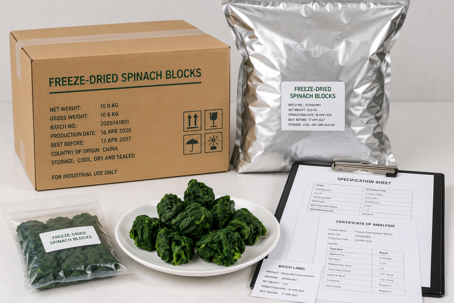 bulk freeze-dried spinach blocks packing samples and quality documents for instant food buyers