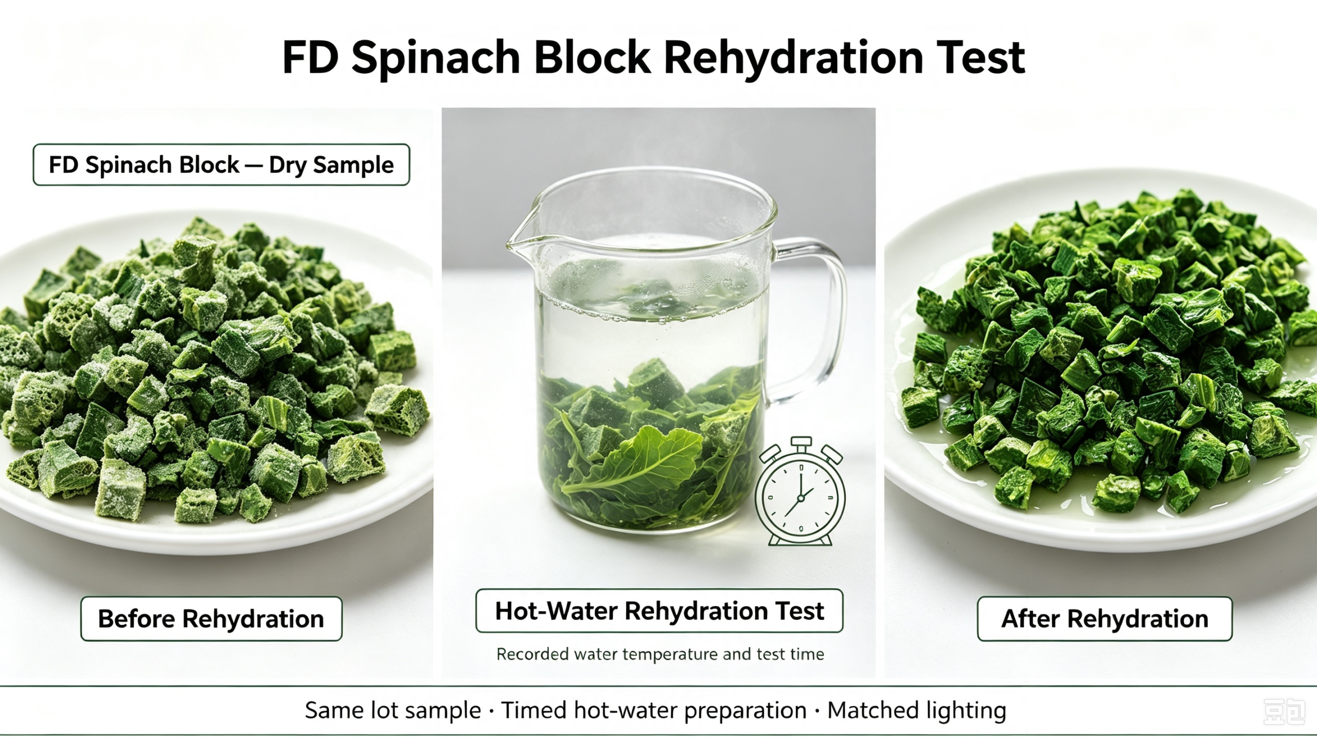 actual freeze-dried spinach blocks before and after a timed hot-water rehydration test