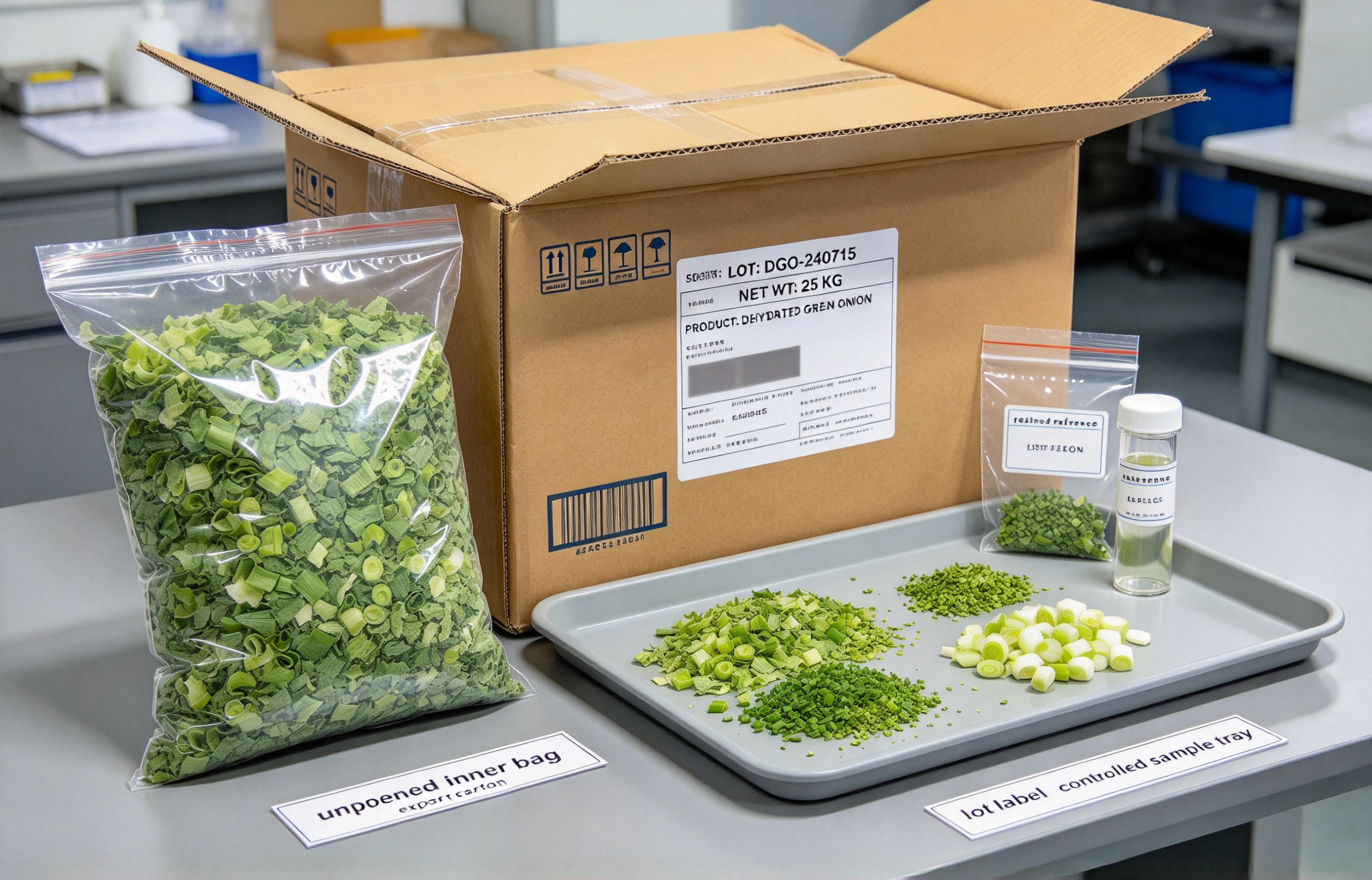 dehydrated green onion arrival inspection with sealed bag carton lot label and retained sample
