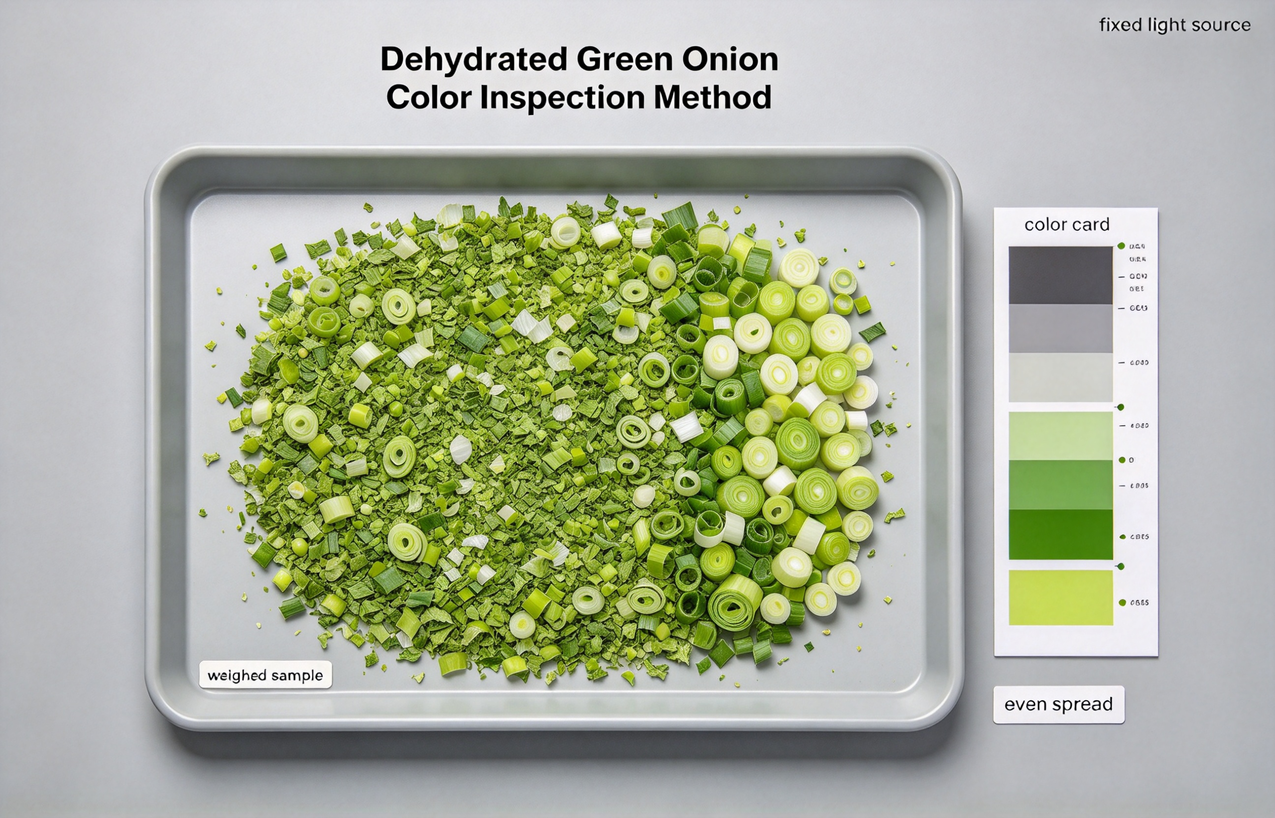 dehydrated green onion color inspection with neutral background sample tray and color card
