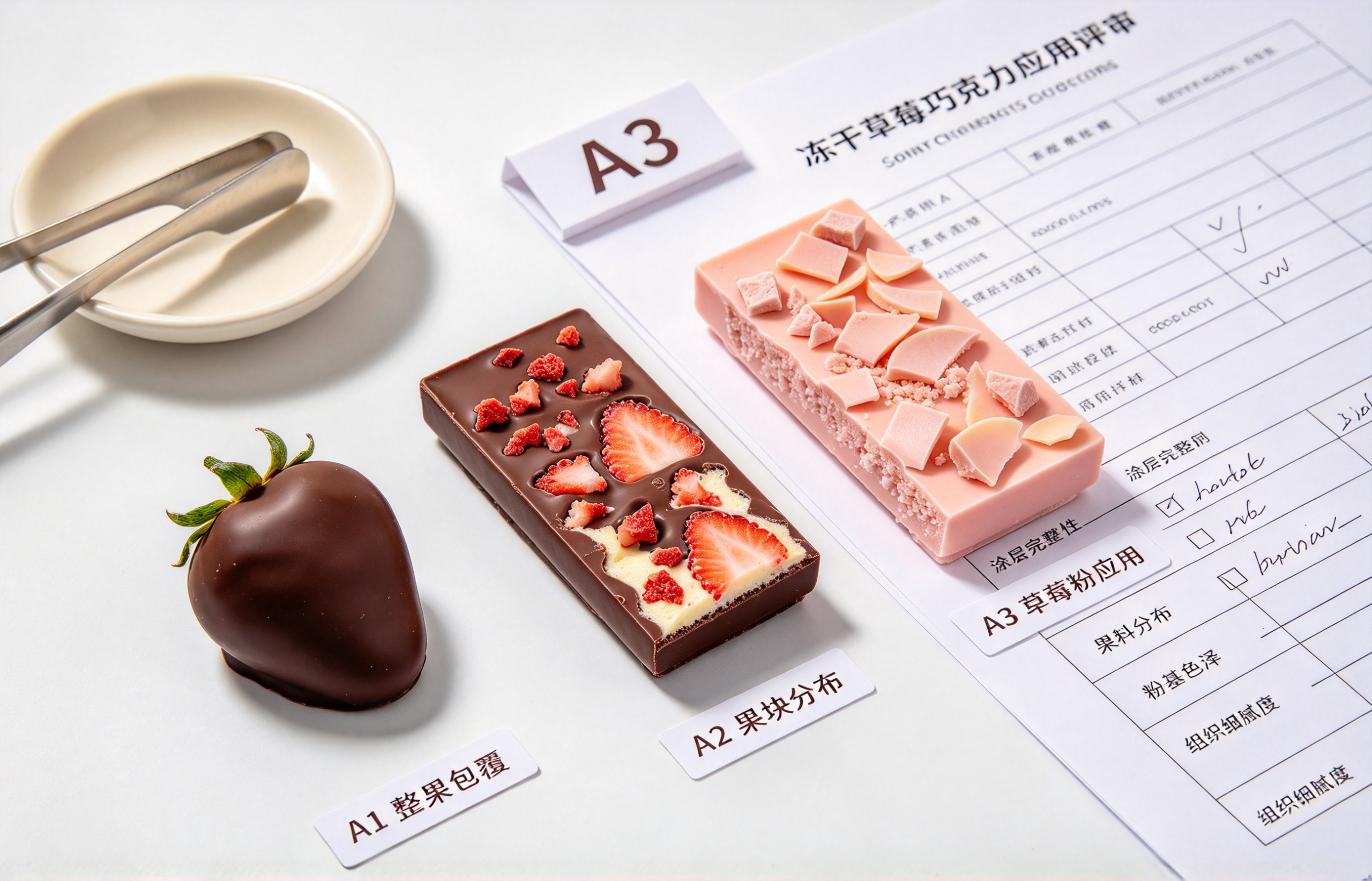 freeze dried strawberry chocolate application samples reviewed for form distribution and coating quality