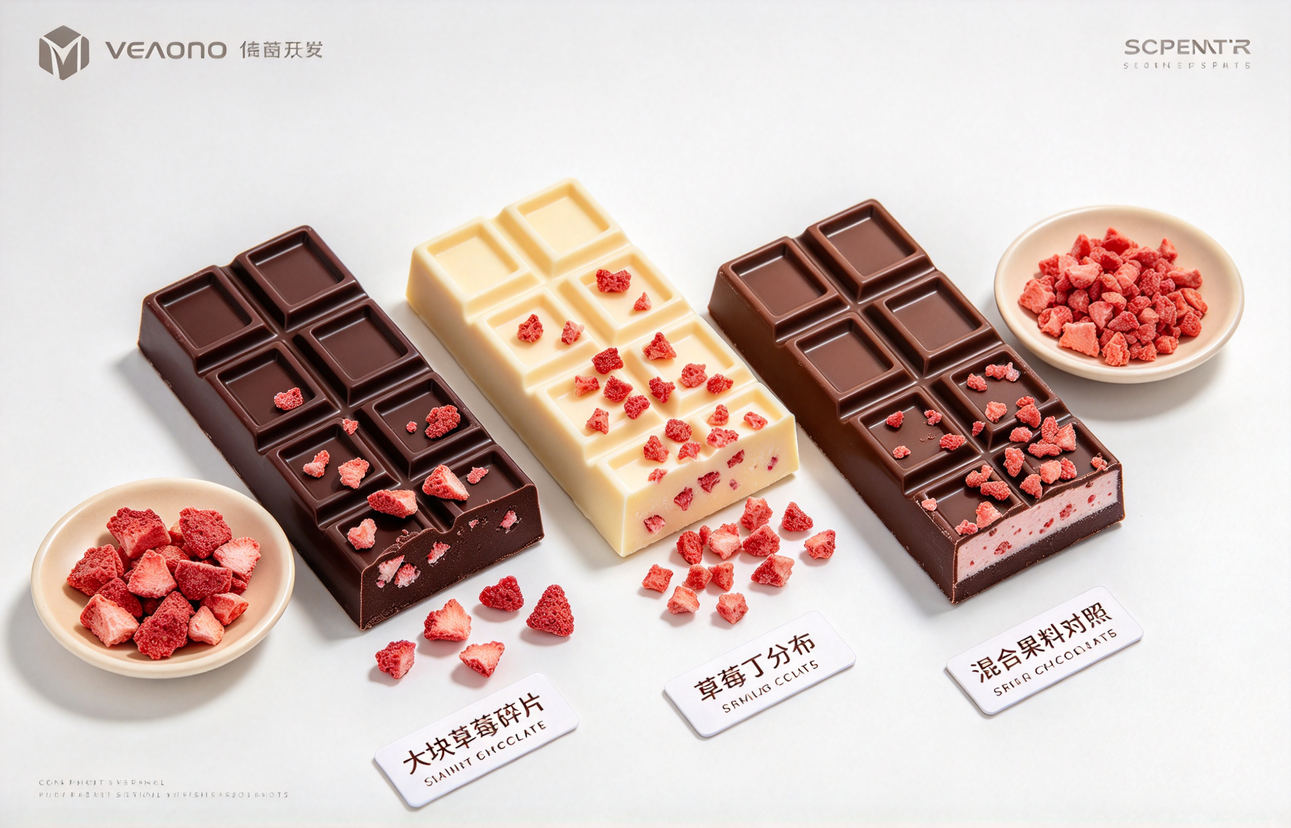 freeze dried strawberry pieces and dice compared in chocolate bar sample cross sections