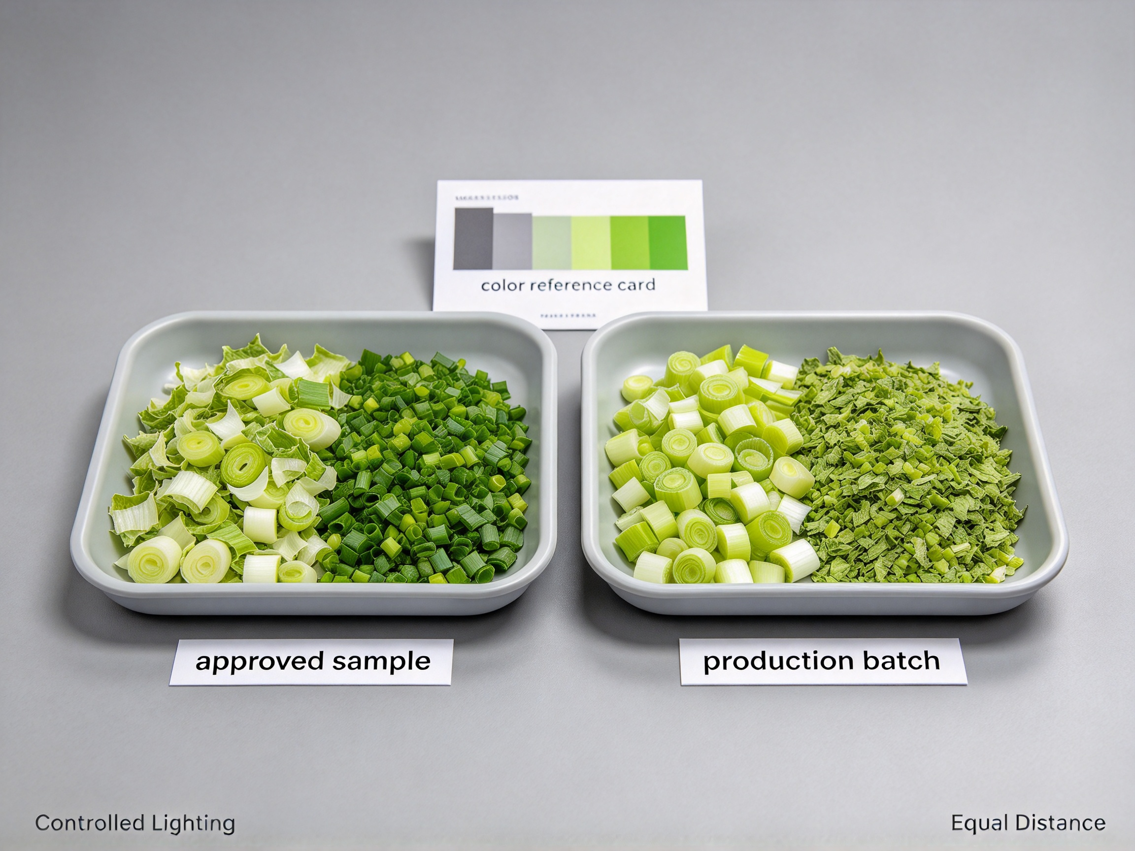 dehydrated scallion approved sample compared with a later production batch under controlled lighting