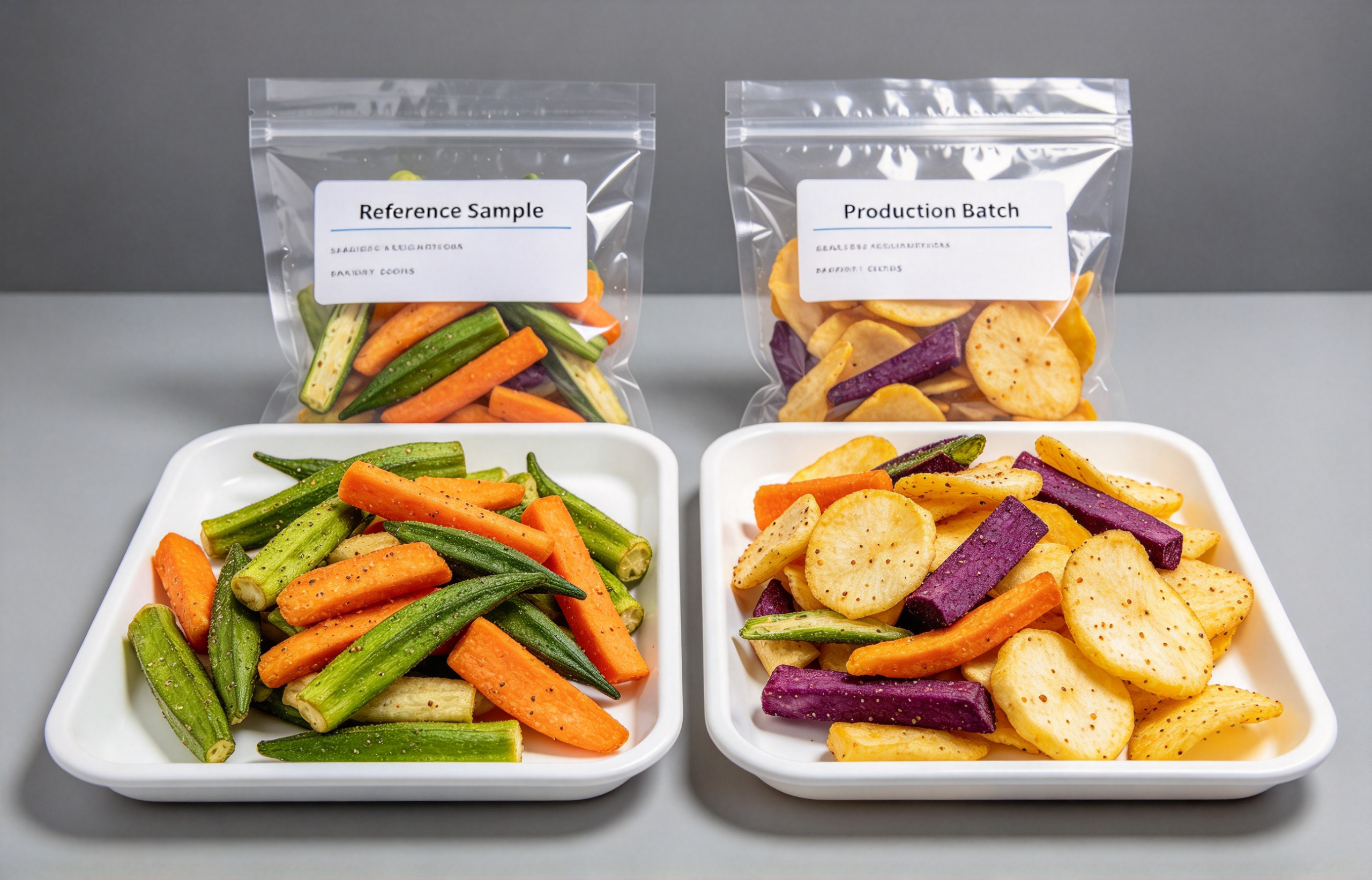 approved seasoned vacuum-fried chips reference sample compared with production batch