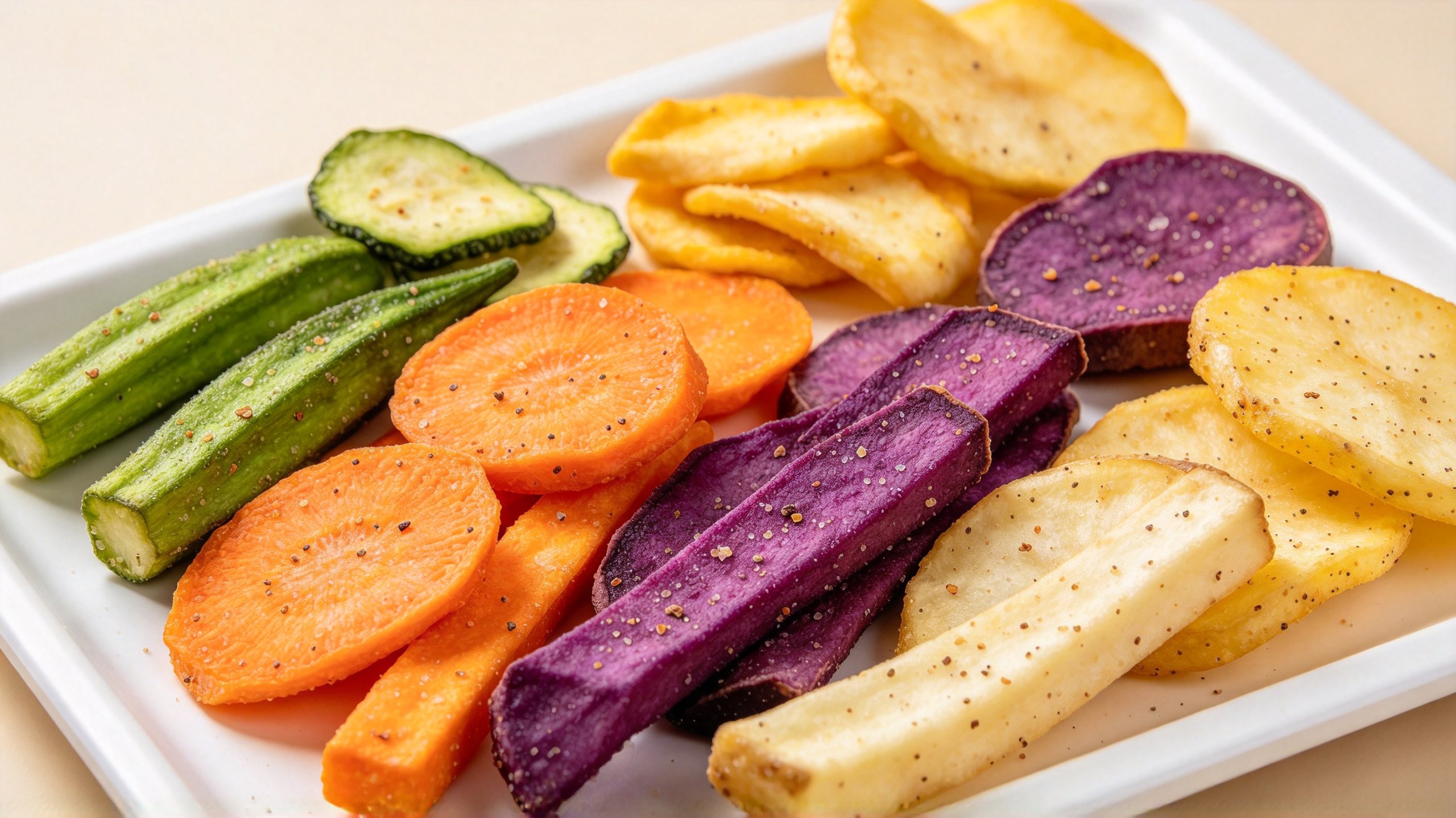 seasoning adhesion on chips shown across vacuum-fried vegetable samples