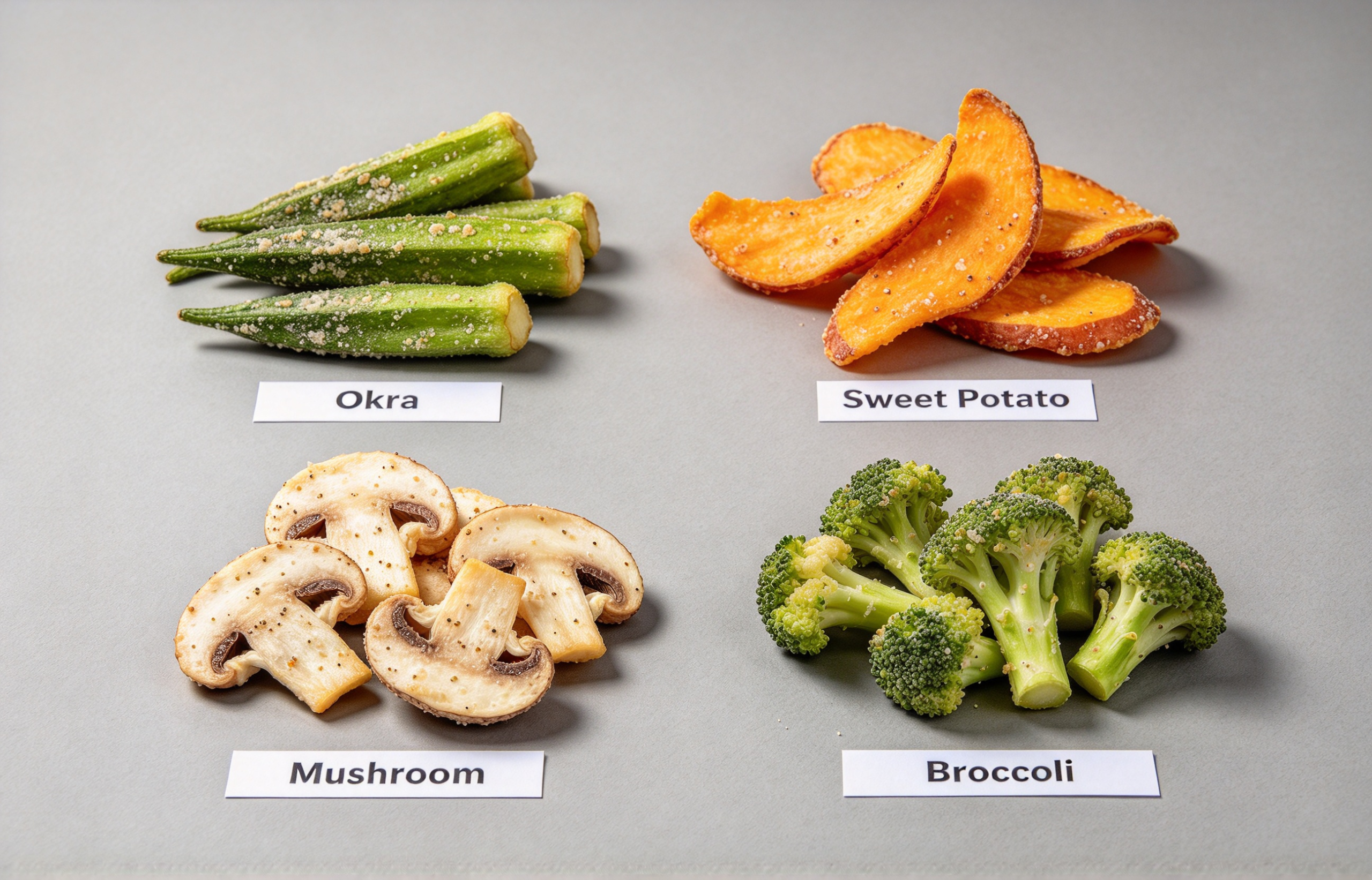 seasoning coverage comparison on vacuum-fried okra sweet potato mushroom and broccoli