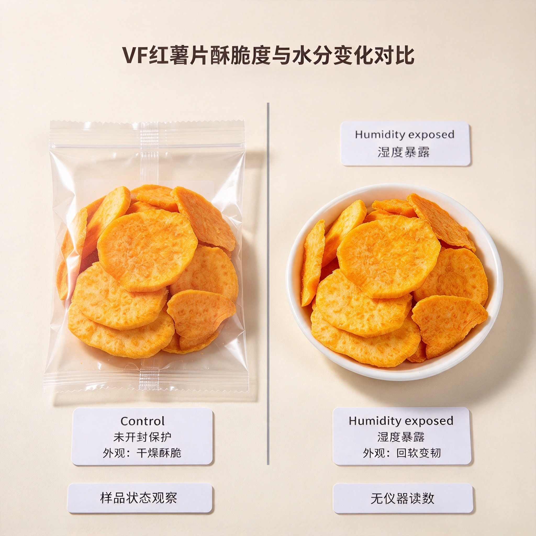 crisp and moisture-softened vacuum fried vegetable chips shown side by side