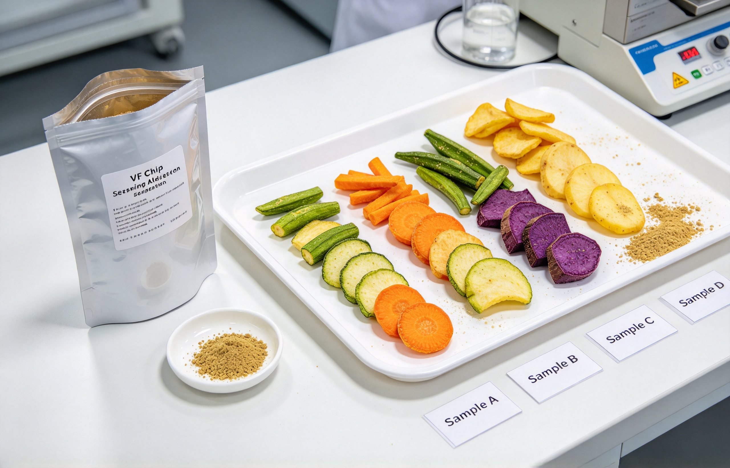 seasoning adhesion on chips sample test with tray pouch and loose powder inspection
