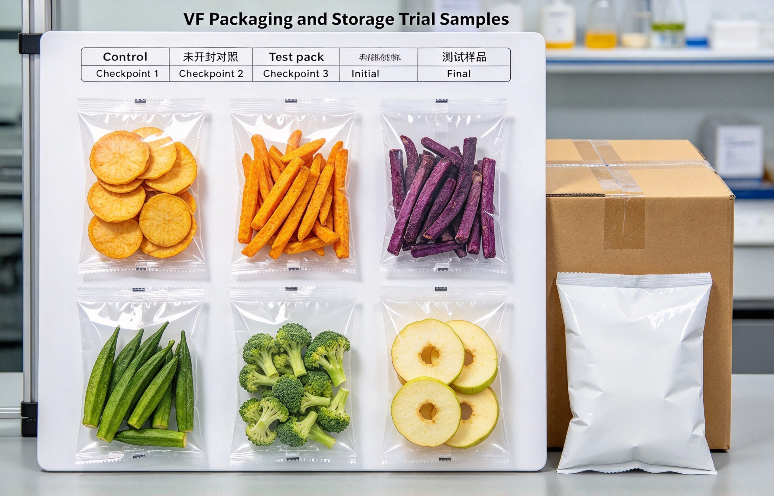 vacuum fried snack packaging storage trial with dated pouch samples and export cartons