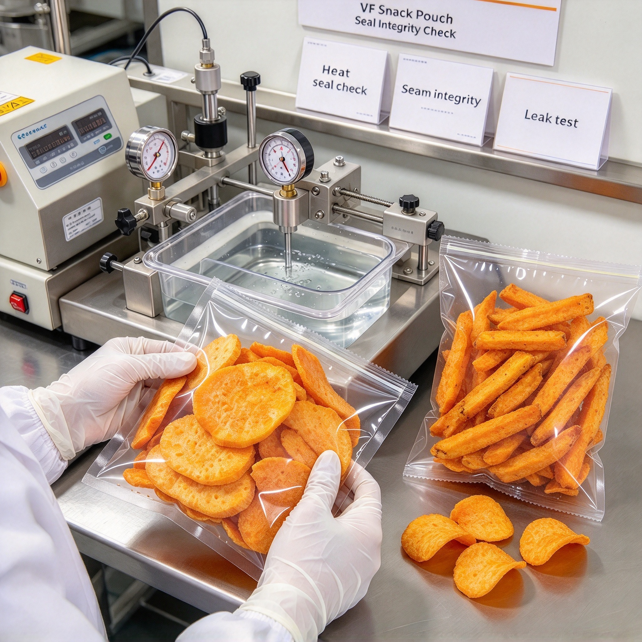 seal integrity inspection for vacuum fried vegetable chip pouches
