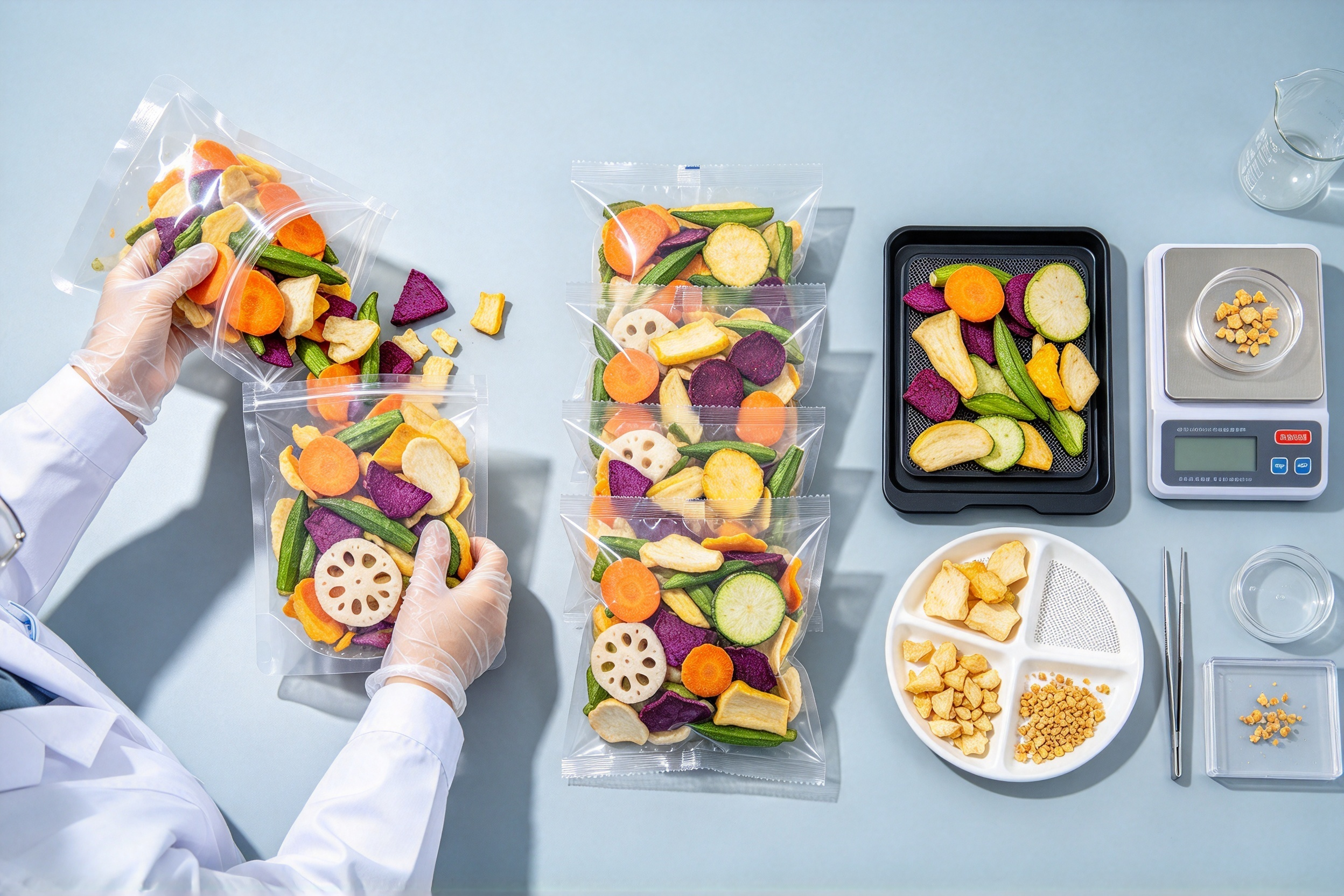 vacuum fried vegetable snack packing trial for breakage and mix consistency