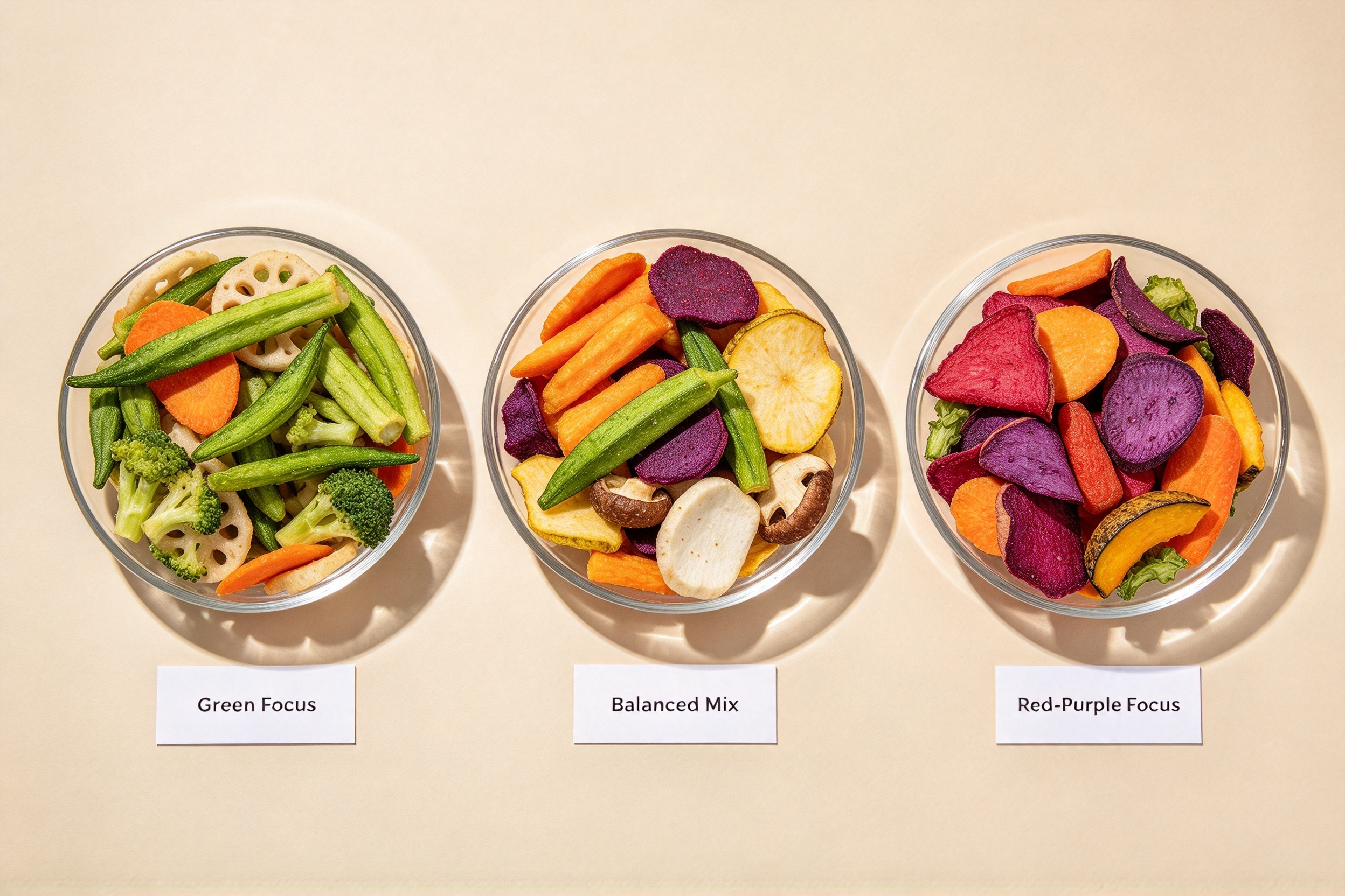 custom vacuum fried vegetable mix ratio comparison for retail snack development