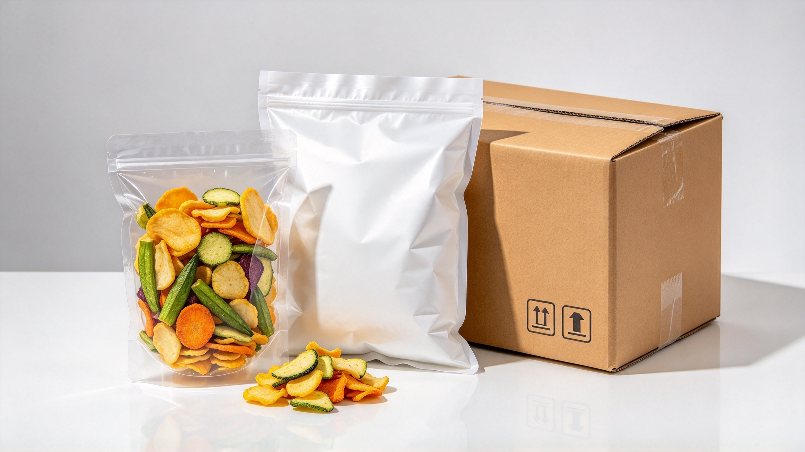 vacuum fried chips packaging with retail pouch bulk inner bag and shipping carton