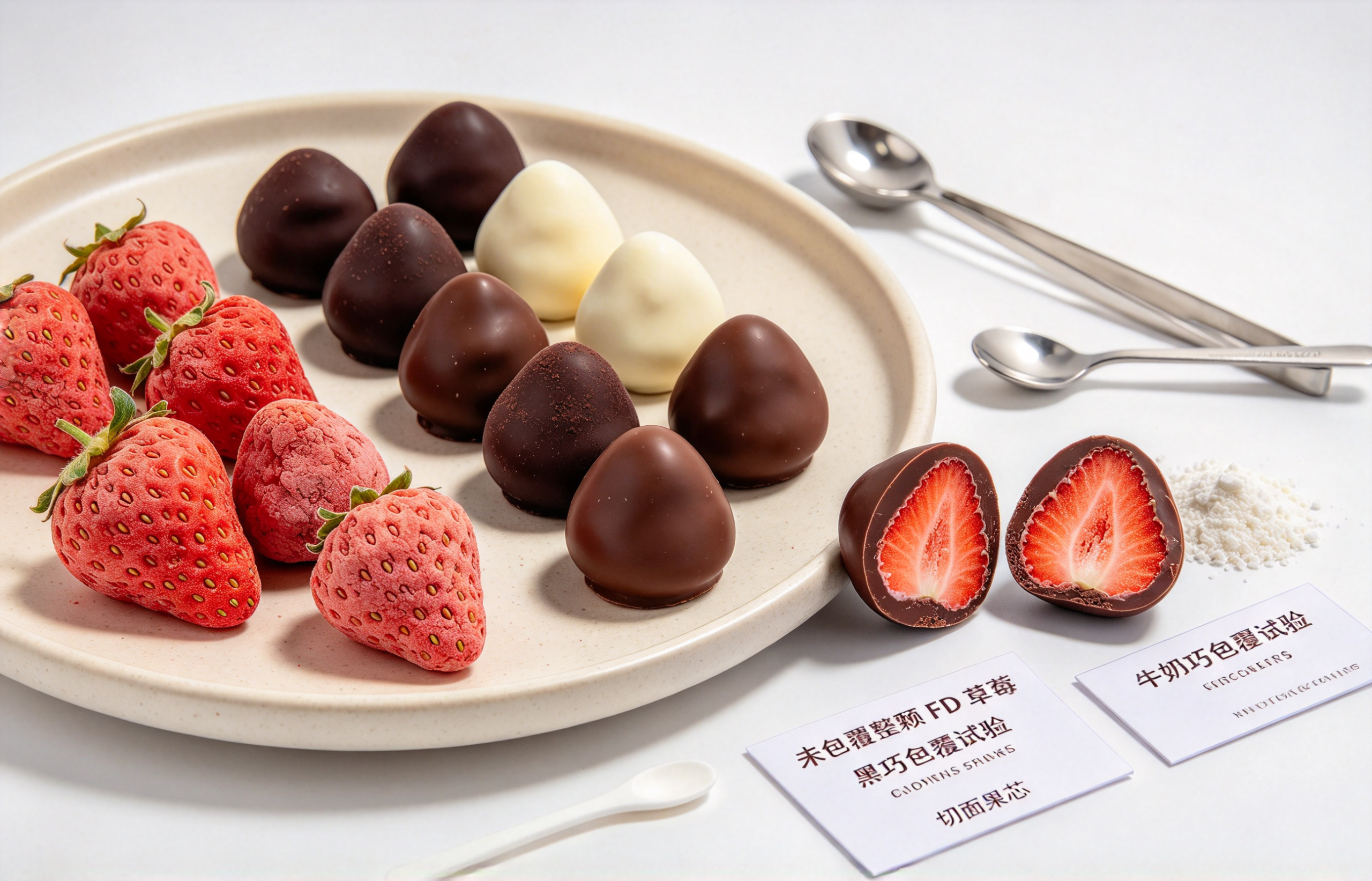 whole freeze dried strawberry chocolate coating trial with uncoated and coated samples